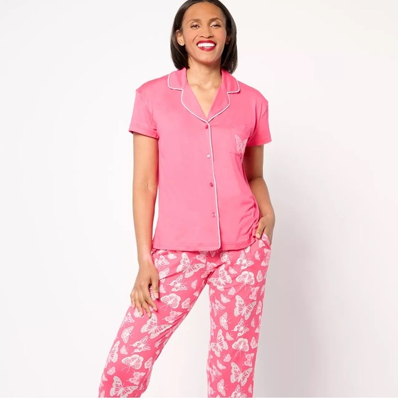 MUK LUKS • Cloud Knit "Just Cruisin" Notch Collar Pajama Top Pink Butterfly - Picture 2 of 6
